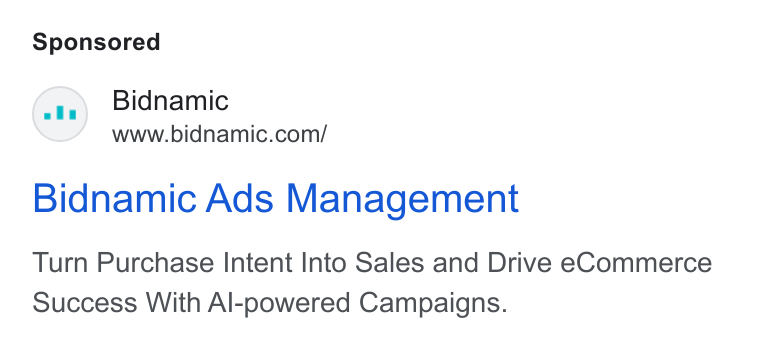 Bidnamic ad on Google Ads: Bidnamic Ads Management Turn Purchase Intent Into Sales and Drive e Commerce Success With Al-powered Campaigns.