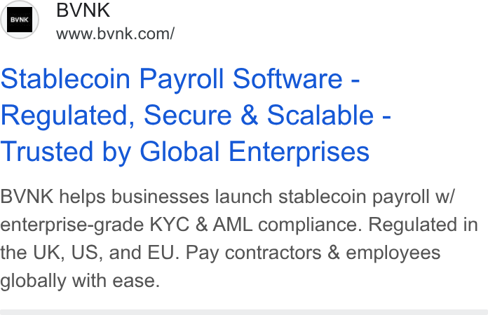 BVNK ad on Google Ads: Stablecoin Payroll Software - Regulated, Secure & Scalable - Trusted by Global Enterprises BVNK helps businesses launch stablecoin payroll w/ enterprise-grade KYC & AML compliance. Regulated in the UK, US, and EU. Pay contractors & employees globally with ease.
