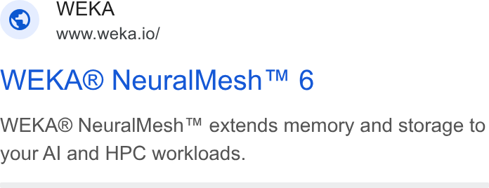 WEKA ad on Google Ads: www.weka.io/ WEKA® Neural Mesh™ 6 WEKA® Neural Mesh™ extends memory and storage to your Al and HPC workloads.