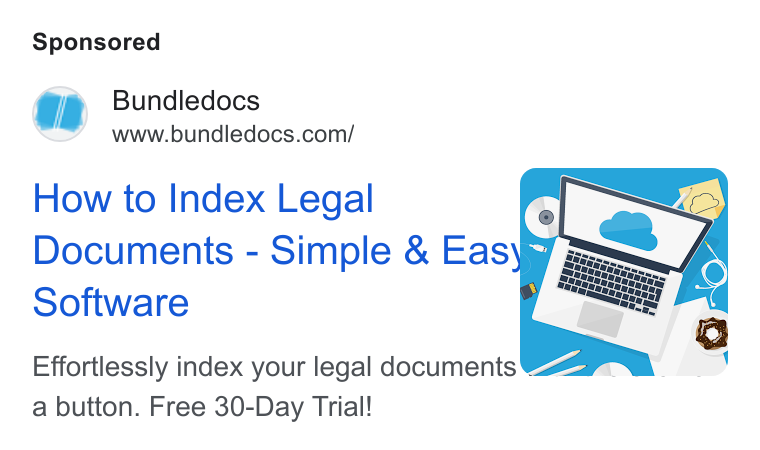 Bundledocs ad on Google Ads: How to Index Legal Documents - Simple & Eas\iy ies. Software y eee? Effortlessly index your legal documents ¥ a button. Free 30-Day Trial!