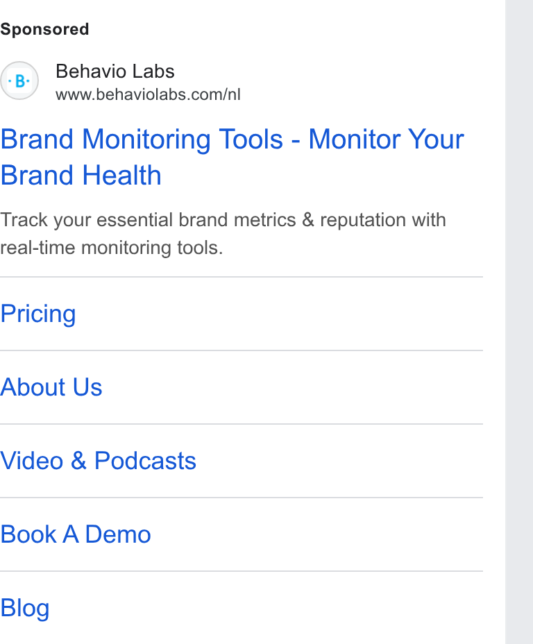 Behavio ad on Google Ads: Brand Monitoring Tools - Monitor Your Brand Health Track your essential brand metrics & reputation with real-time monitoring tools. Pricing About Us Video & Podcasts Book A Demo Blog