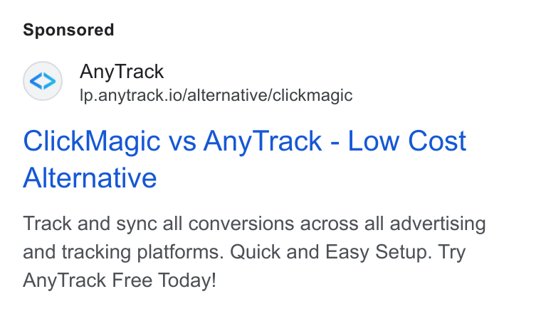 AnyTrack.io ad on Google Ads: Any Track Ip.anytrack.io/alternative/clickmagic Click Magic vs Any Track - Low Cost Alternative Track and sync all conversions across all advertising and tracking platforms. Quick and Easy Setup. Try Any Track Free Today!