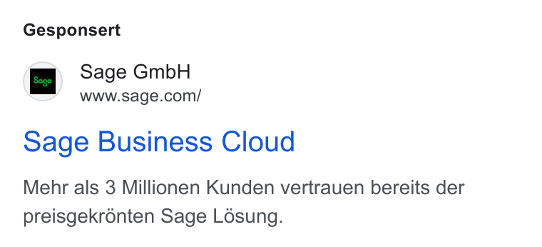 Sage ad on Google Ads: Gesponsert Sage Business Cloud Mehr als 3 Millionen Kunden vertrauen bereits der preisgekrénten Sage Lésung.