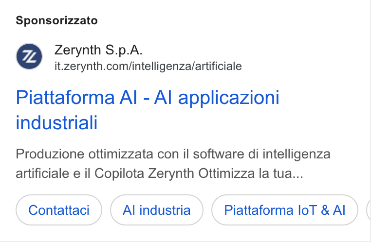 Zerynth ad on Google Ads: Sponsorizzato Piattaforma Al - Al applicazioni industriali Produzione ottimizzata con il software di intelligenza artificiale e il Copilota Zerynth Ottimizza la tua... Contattaci Al industria Piattaforma lo T & Al
