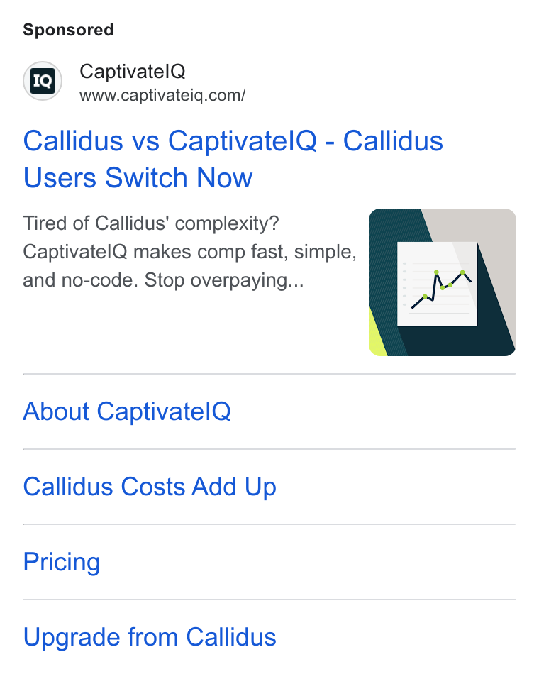 CaptivateIQ ad on Google Ads: Callidus vs Captivatel Q - Callidus Users Switch Now Tired of Callidus’ complexity? Captivatel Q makes comp fast, simple, a and no-code. Stop overpaying... A“ About Captivatel Q Callidus Costs Add Up Pricing Upgrade from Callidus