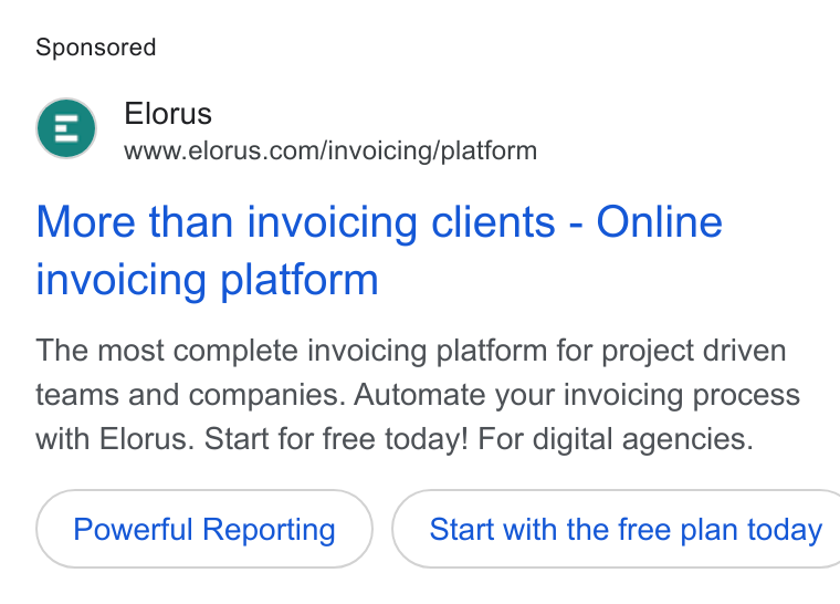 Elorus ad on Google Ads: More than invoicing clients - Online invoicing platform The most complete invoicing platform for project driven teams and companies. Automate your invoicing process with Elorus. Start for free today! For digital agencies. Powerful Reporting } ( Start with the free plan today
