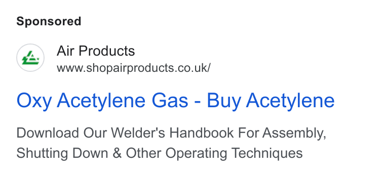 Air Products & Chemicals ad on Google Ads: Oxy Acetylene Gas - Buy Acetylene Download Our Welder's Handbook For Assembly, Shutting Down & Other Operating Techniques
