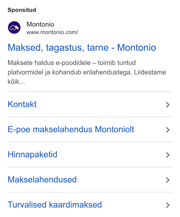 Montonio ad on Google Ads: Sponsitud Maksed, tagastus, tarne - Montonio Maksete haldus e-poodidele — toimib tuntud platvormidel ja kohandub erilahendustega. Liidestame k6ik... Kontakt > E-poe makselahendus Montoniolt > Hinnapaketid > Makselahendused > Turvalised kaardimaksed >