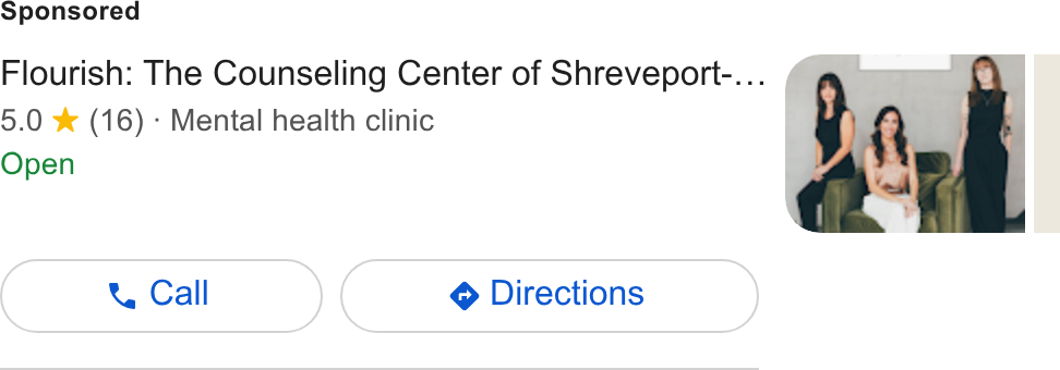 Linktree ad on Google Ads: Flourish: The Counseling Center of Shreveport-... 5.0 ¥% (16) - Mental health clinic Open