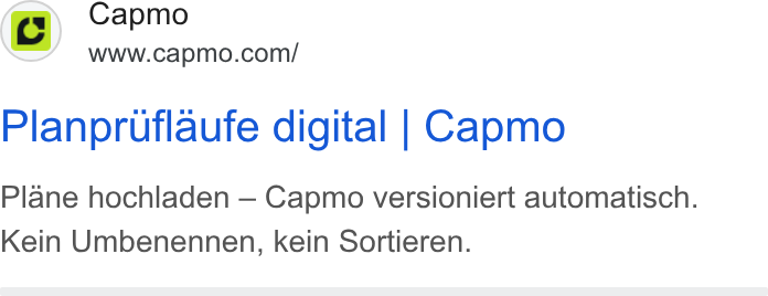 Capmo ad on Google Ads: Planpruflaufe digital | Capmo Plane hochladen — Capmo versioniert automatisch. Kein Umbenennen, kein Sortieren.