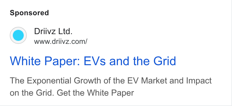 Driivz ad on Google Ads: White Paper: EVs and the Grid The Exponential Growth of the EV Market and Impact on the Grid. Get the White Paper