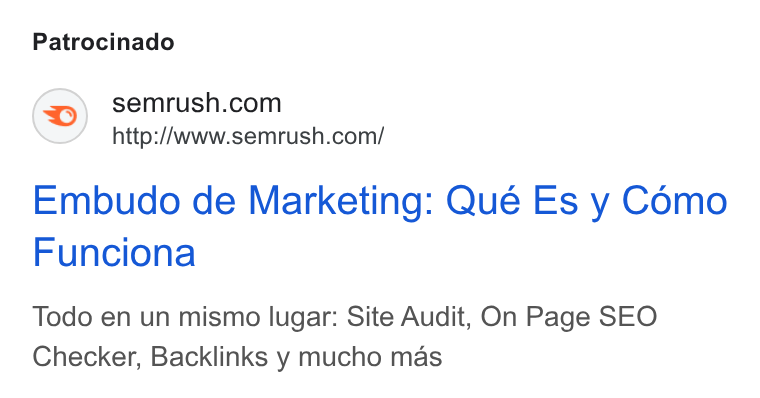 Semrush ad on Google Ads: http://www.semrush.com/ Embudo de Marketing: Qué Es y Como Funciona Todo en un mismo lugar: Site Audit, On Page SEO Checker, Backlinks y mucho mas