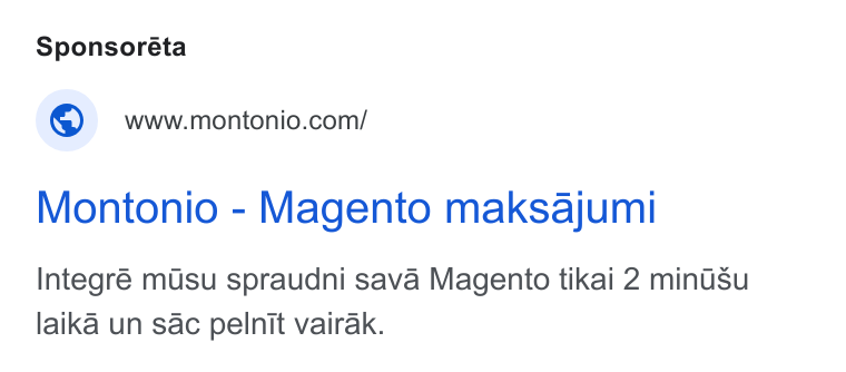 Montonio ad on Google Ads: Montonio - Magento maksajumi Integré misu spraudni sava Magento tikai 2 minusu laika un sac pelnit vairak.