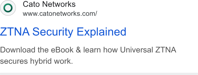 Cato Networks ad on Google Ads: ZTNA Security Explained Download the e Book & learn how Universal ZTNA secures hybrid work.