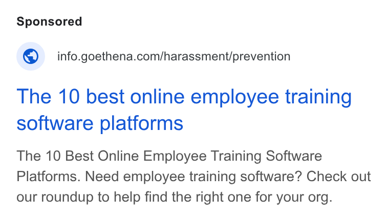 Ethena ad on Google Ads: The 10 best online employee training software platforms The 10 Best Online Employee Training Software Platforms. Need employee training software? Check out our roundup to help find the right one for your org.
