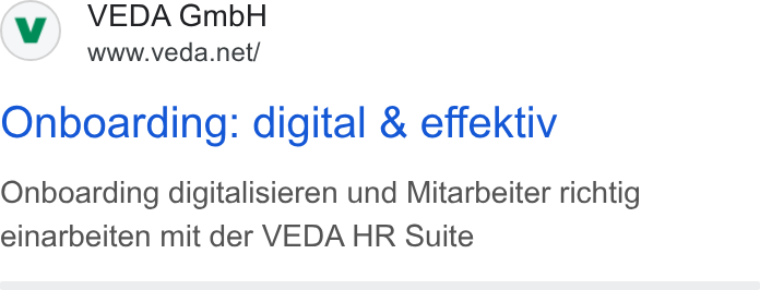 VEDA ad on Google Ads: Onboarding: digital & effektiv Onboarding digitalisieren und Mitarbeiter richtig einarbeiten mit der VEDA HR Suite