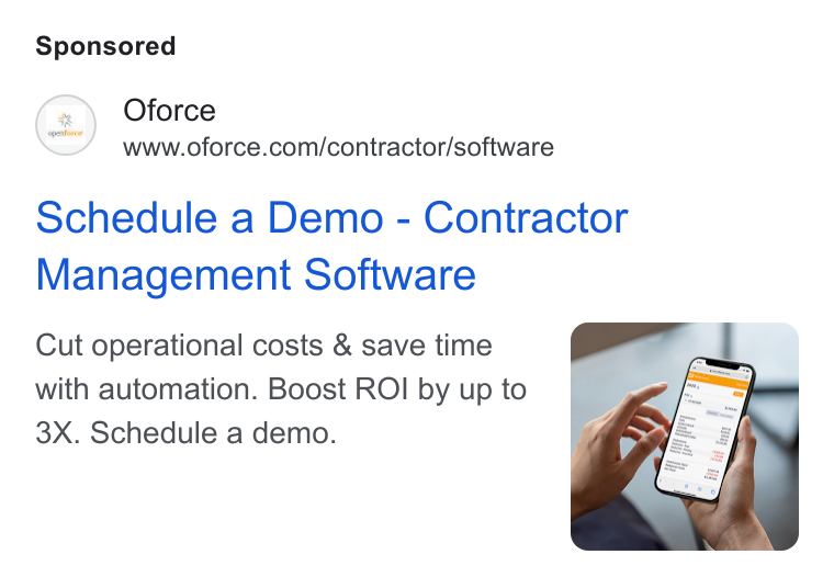 Openforce ad on Google Ads: Oforce Schedule a Demo - Contractor Management Software Cut operational costs & save time with automation. Boost ROI by up to 3X. Schedule a demo.