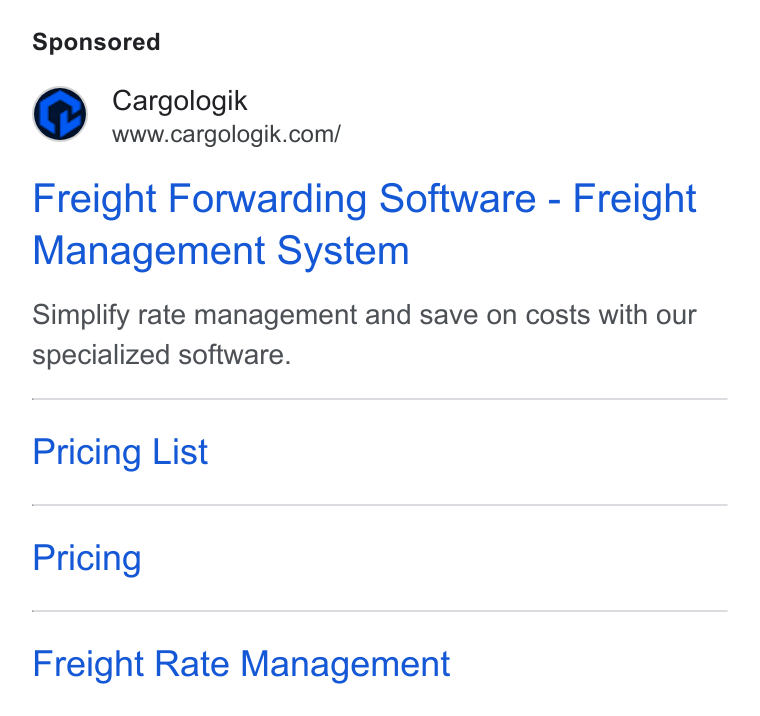 Cargologik ad on Google Ads: Freight Forwarding Software - Freight Management System Simplify rate management and save on costs with our specialized software. Pricing List Pricing Freight Rate Management