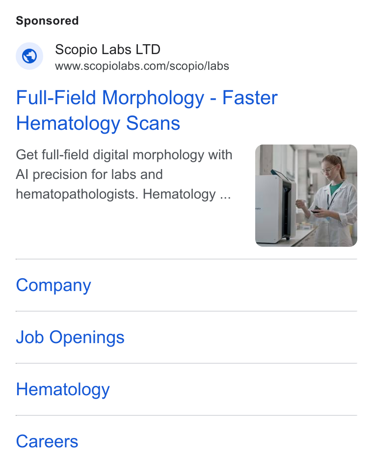 Scopio Labs ad on Google Ads: Full-Field Morphology - Faster Hematology Scans Get full-field digital morphology with Al precision for labs and hematopathologists. Hematology ... Company Job Openings Hematology Careers