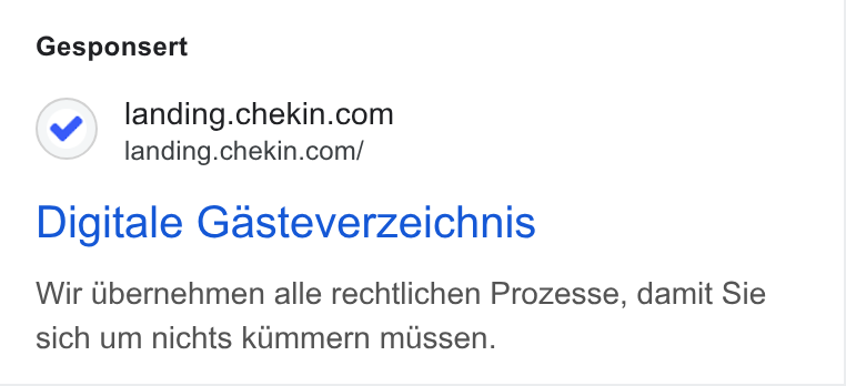 Chekin ad on Google Ads: landing.chekin.com/ Digitale Gasteverzeichnis Wir Ubernehmen alle rechtlichen Prozesse, damit Sie sich um nichts kummern mussen.