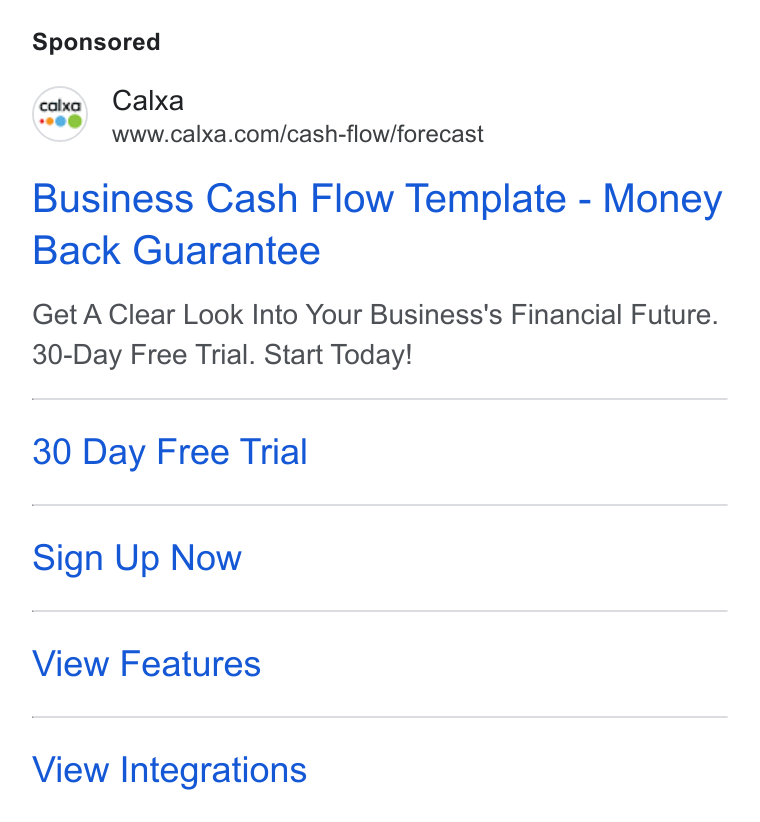Calxa ad on Google Ads: Calxa Business Cash Flow Template - Money Back Guarantee Get A Clear Look Into Your Business'’s Financial Future. 30-Day Free Trial. Start Today! 30 Day Free Trial Sign Up Now View Features View Integrations