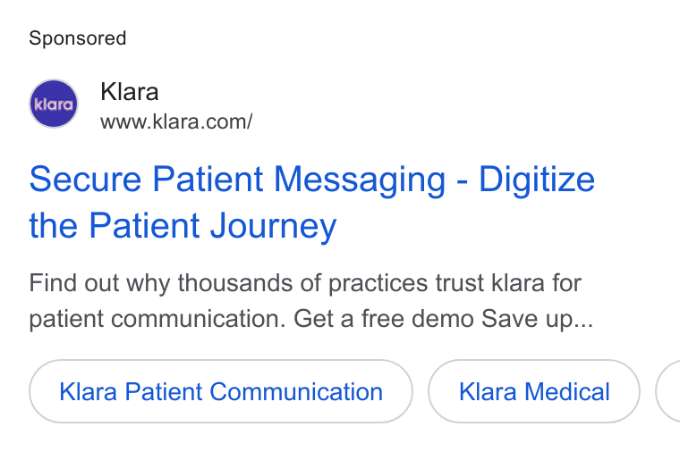 Klara ad on Google Ads: Secure Patient Messaging - Digitize the Patient Journey Find out why thousands of practices trust klara for patient communication. Get a free demo Save up... Klara Patient Communication Klara Medical <