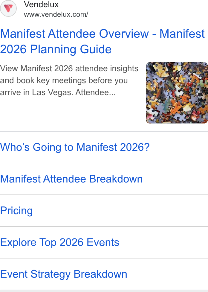 Vendelux ad on Google Ads: Manifest Attendee Overview - Manifest 2026 Planning Guide View Manifest 2026 attendee insights 3 a and book key meetings before you arrive in Las Vegas. Attendee... Who’s Going to Manifest 2026? Manifest Attendee Breakdown Pricing Explore Top 2026 Events Event Strategy Breakdown
