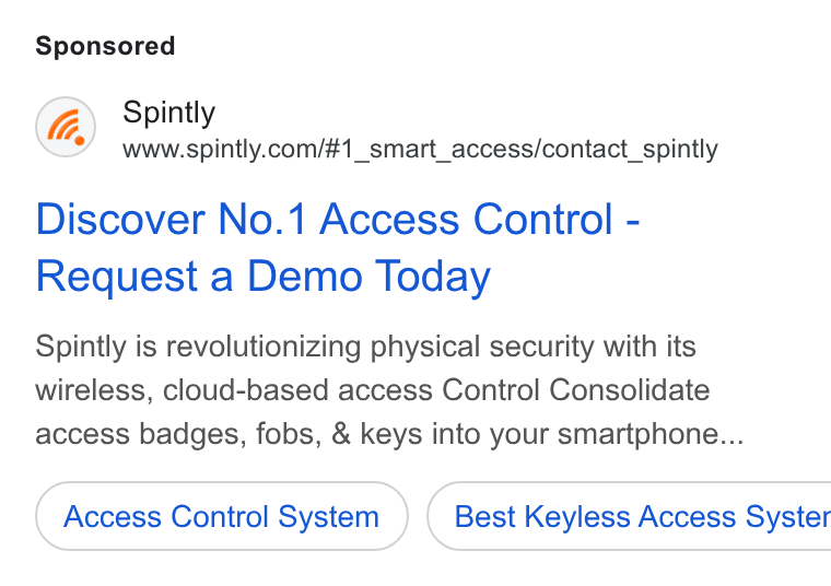Spintly ad on Google Ads: Discover No.1 Access Control - Request a Demo Today Spintly is revolutionizing physical security with its wireless, cloud-based access Control Consolidate access badges, fobs, & keys into your smartphone... Access Control System } ( Best Keyless Access Syster
