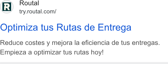 Routal ad on Google Ads: Optimiza tus Rutas de Entrega Reduce costes y mejora la eficiencia de tus entregas. Empieza a optimizar tus rutas hoy!