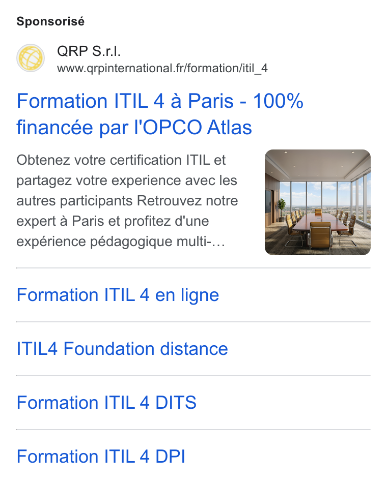 aNewSpring ad on Google Ads: Sponsorisé Formation ITIL 4 a Paris - 100% financée par l'OPCO Atlas Obtenez votre certification ITIL et partagez votre experience avec les autres participants Retrouvez notre expert a Paris et profitez d'une expérience pédagogique multi-... Formation ITIL 4 en ligne ITIL4 Foundation distance Formation ITIL 4 DITS Formation ITIL 4 DPI
