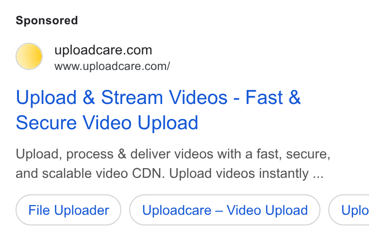 Uploadcare ad on Google Ads: www.uploadcare.com/ Upload & Stream Videos - Fast & Secure Video Upload Upload, process & deliver videos with a fast, secure, and scalable video CDN. Upload videos instantly ... File Uploader Uploadcare — Video Upload }) ( Uplo