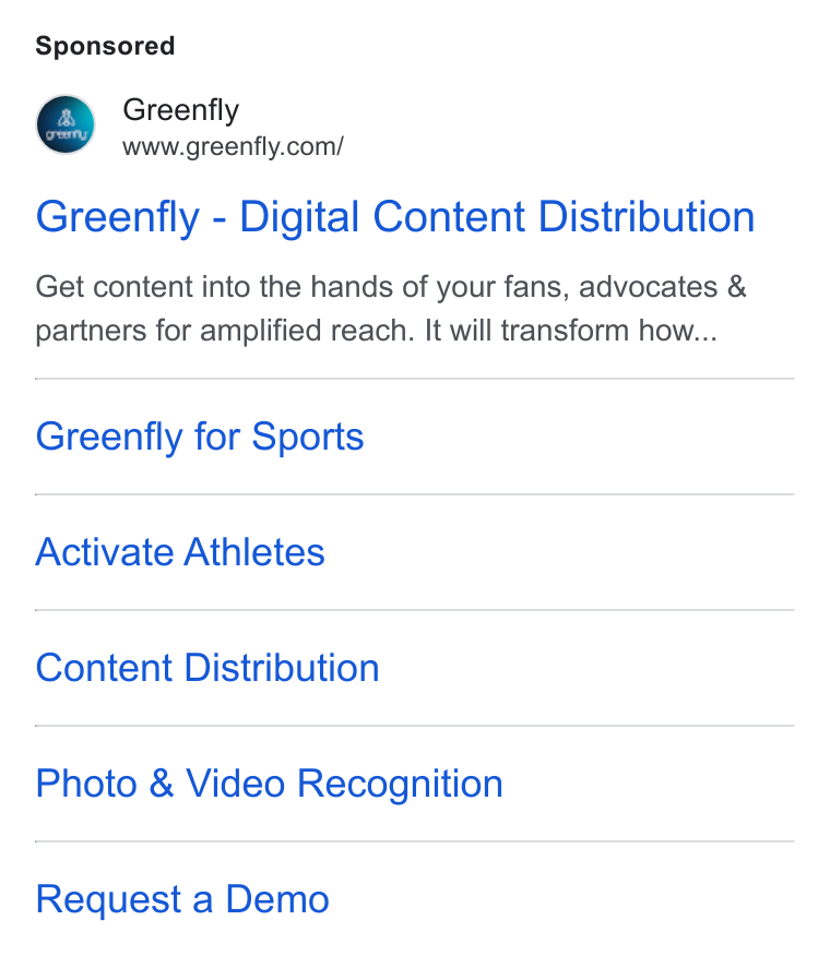 Greenfly ad on Google Ads: Greenfly - Digital Content Distribution Get content into the hands of your fans, advocates & partners for amplified reach. It will transform how... Greenfly for Sports Activate Athletes Content Distribution Photo & Video Recognition Request a Demo