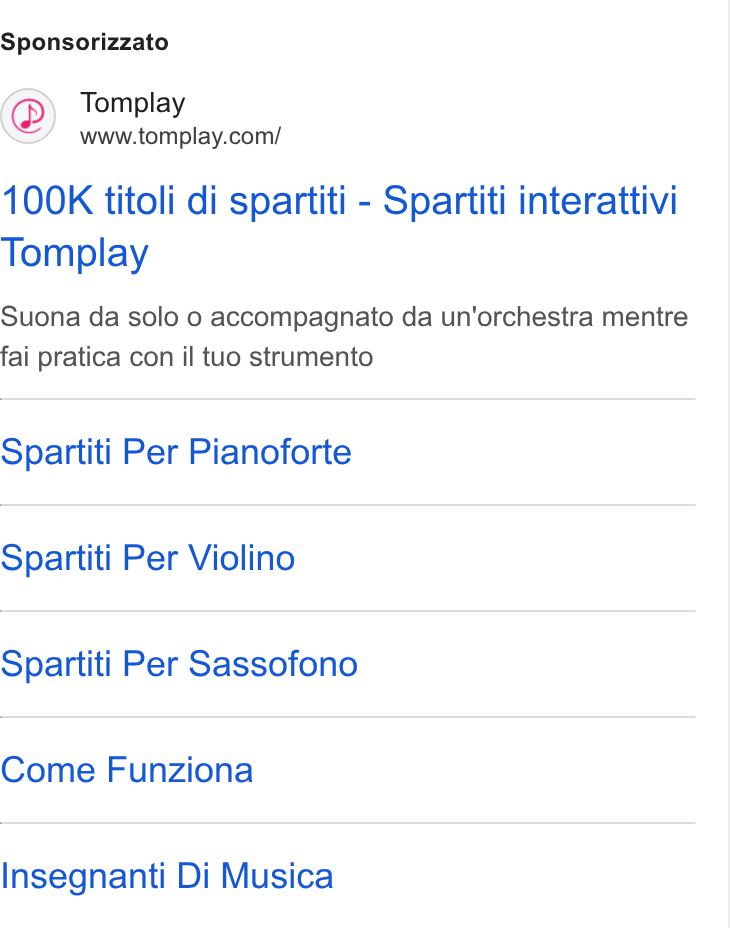 Tomplay ad on Google Ads: Sponsorizzato 100K titoli di spartiti - Spartiti interattivi Tomplay Suona da solo 0 accompagnato da un’orchestra mentre fai pratica con il tuo strumento Spartiti Per Pianoforte Spartiti Per Violino Spartiti Per Sassofono Come Funziona Insegnanti Di Musica