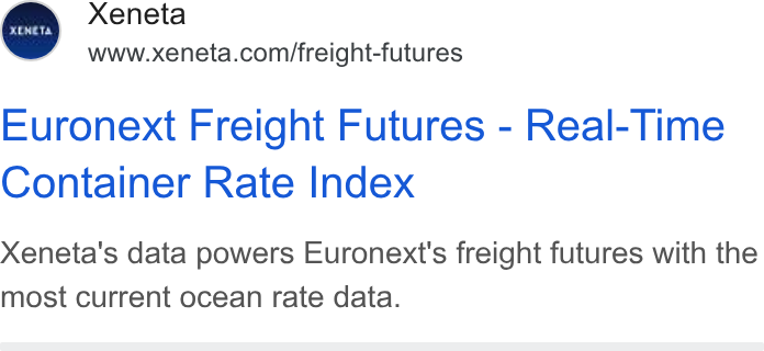 Xeneta ad on Google Ads: Euronext Freight Futures - Real-Time Container Rate Index Xeneta's data powers Euronext's freight futures with the most current ocean rate data.