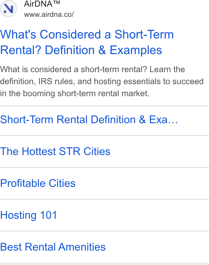 AirDNA ad on Google Ads: What's Considered a Short-Term Rental? Definition & Examples What is considered a short-term rental? Learn the definition, IRS rules, and hosting essentials to succeed in the booming short-term rental market. Short-Term Rental Definition & Exa... The Hottest STR Cities Profitable Cities Hosting 101 Best Rental Amenities