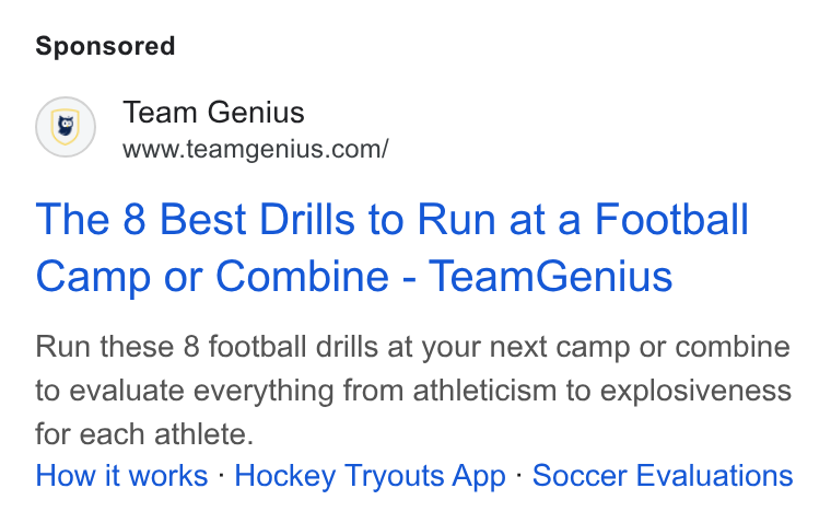 TeamGenius ad on Google Ads: The 8 Best Drills to Run at a Football Camp or Combine - Team Genius Run these 8 football drills at your next camp or combine to evaluate everything from athleticism to explosiveness for each athlete. How it works - Hockey Tryouts App - Soccer Evaluations