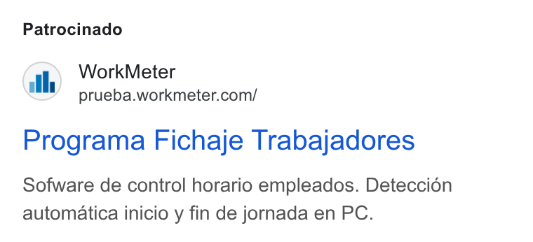 WorkMeter ad on Google Ads: Patrocinado Programa Fichaje Trabajadores Sofware de control horario empleados. Deteccién automatica inicio y fin de jornada en PC.