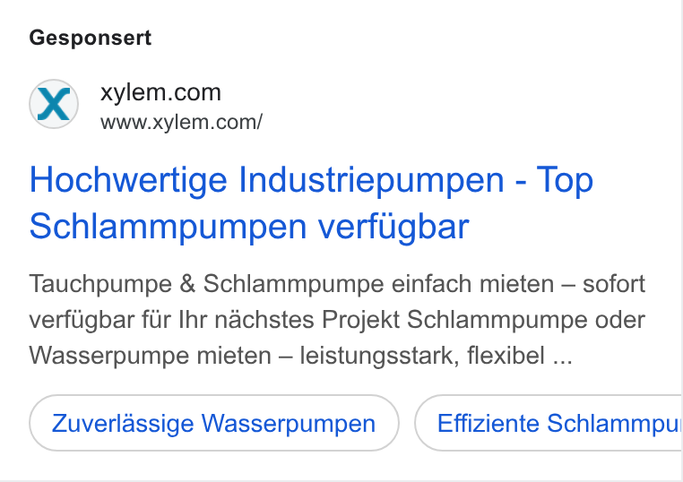 Xylem ad on Google Ads: www.xylem.com/ Hochwertige Industriepumpen - Top Schlammpumpen verfugbar Tauchpumpe & Schlammpumpe einfach mieten — sofort verfiigbar fir Ihr nachstes Projekt Schlammpumpe oder Wasserpumpe mieten — leistungsstark, flexibel ... Zuverlassige Wasserpumpen Effiziente Schlammpu