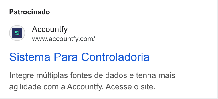 Accountfy ad on Google Ads: Patrocinado Sistema Para Controladoria Integre multiplas fontes de dados e tenha mais agilidade com a Accountfy. Acesse o site.