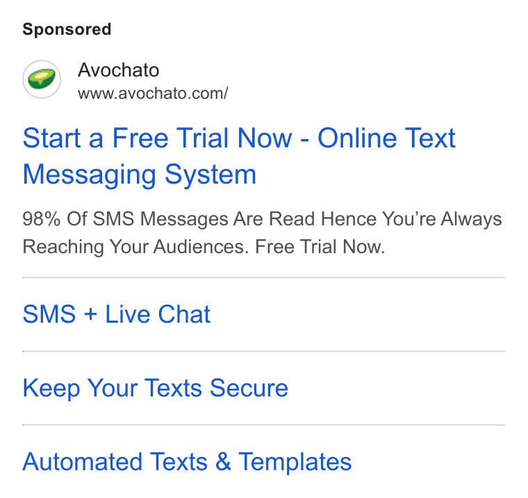 Avochato ad on Google Ads: Start a Free Trial Now - Online Text Messaging System 98% Of SMS Messages Are Read Hence You’re Always Reaching Your Audiences. Free Trial Now. SMS + Live Chat Keep Your Texts Secure Automated Texts & Templates