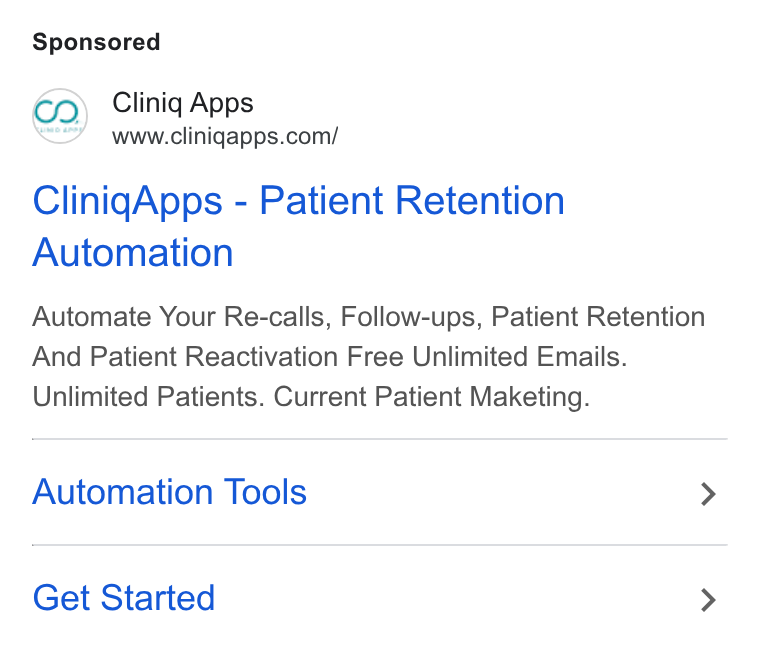Cliniq Apps ad on Google Ads: Cliniq Apps - Patient Retention Automation Automate Your Re-calls, Follow-ups, Patient Retention And Patient Reactivation Free Unlimited Emails. Unlimited Patients. Current Patient Maketing. Automation Tools > Get Started >