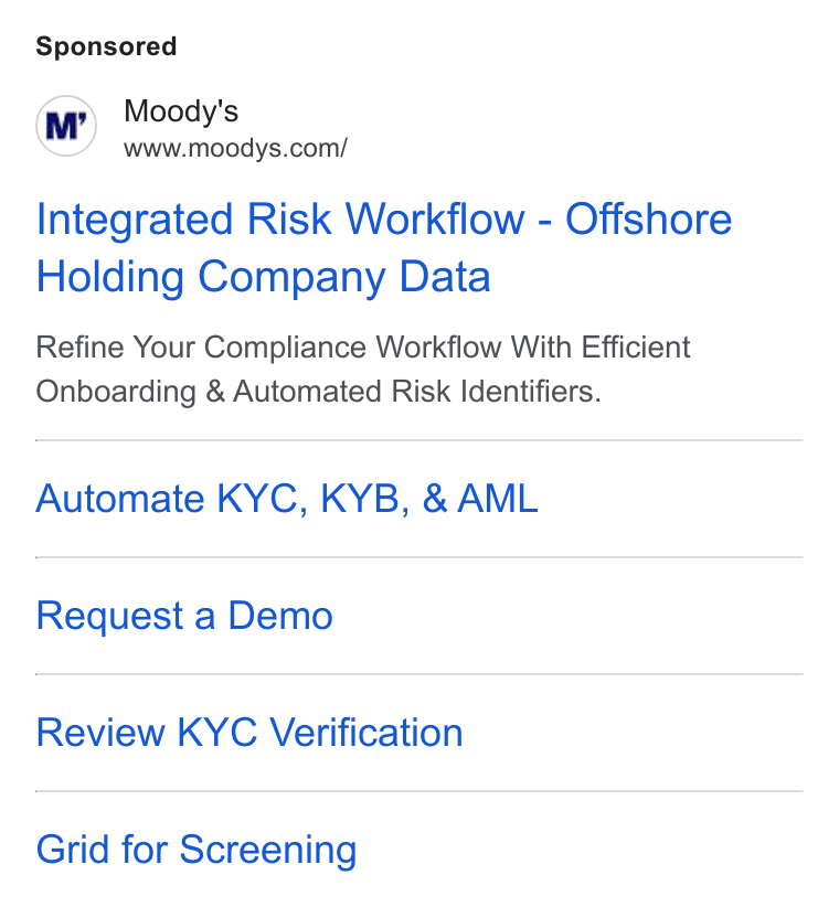 Moody's ad on Google Ads: Integrated Risk Workflow - Offshore Holding Company Data Refine Your Compliance Workflow With Efficient Onboarding & Automated Risk Identifiers. Automate KYC, KYB, & AML Request a Demo Review KYC Verification Grid for Screening