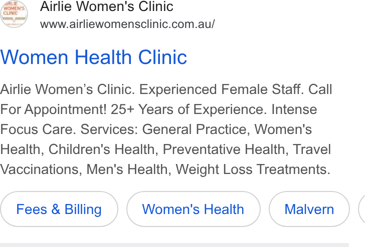 HotDoc ad on Google Ads: Women Health Clinic Airlie Women’s Clinic. Experienced Female Staff. Call For Appointment! 25+ Years of Experience. Intense Focus Care. Services: General Practice, Women's Health, Children's Health, Preventative Health, Travel Vaccinations, Men's Health, Weight Loss Treatments. Fees & Billing Women's Health (