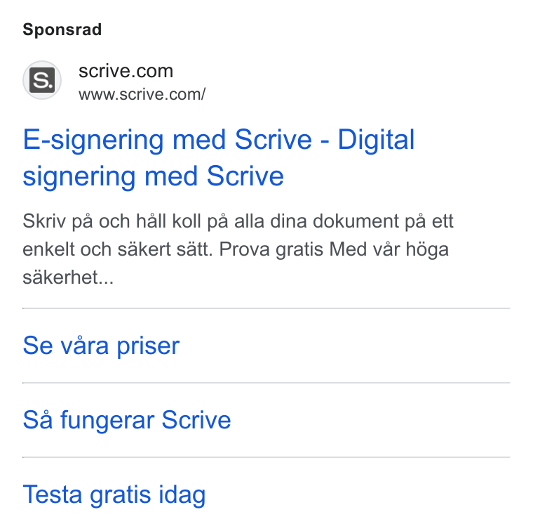 Scrive ad on Google Ads: a! www.scrive.com/ E-signering med Scrive - Digital signering med Scrive Skriv pa och hall koll pa alla dina dokument pa ett enkelt och sakert satt. Prova gratis Med var héga sakerhet... Se vara priser Sa fungerar Scrive Testa gratis idag