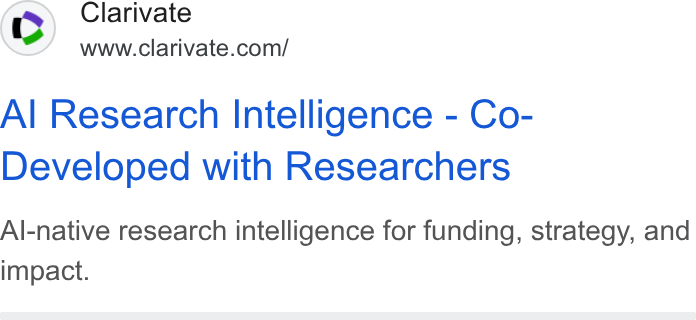 Clarivate ad on Google Ads: Al Research Intelligence - Co- Developed with Researchers Al-native research intelligence for funding, strategy, and impact.