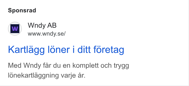 Wndy ad on Google Ads: Sponsrad Kartlagg loner i ditt foretag Med Wndy far du en komplett och trygg lonekartlaggning varje ar.