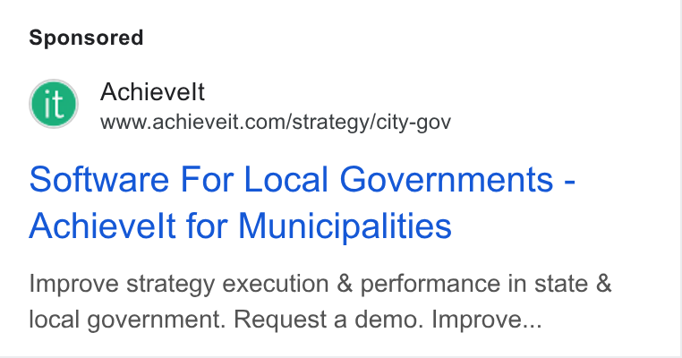 AchieveIt ad on Google Ads: Software For Local Governments - Achievelt for Municipalities Improve strategy execution & performance in state & local government. Request a demo. Improve...