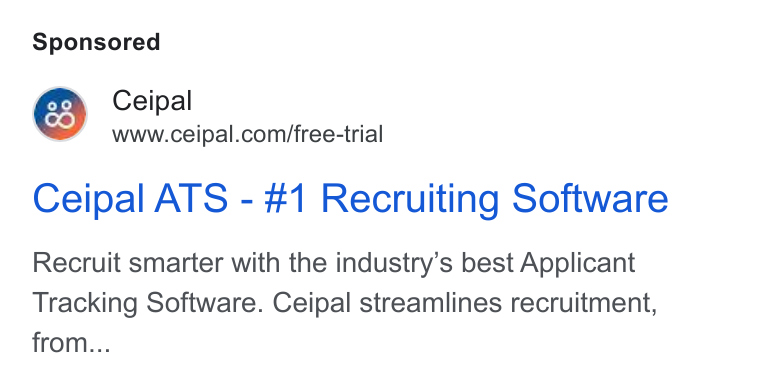 Ceipal ad on Google Ads: Ceipal ATS - #1 Recruiting Software Recruit smarter with the industry’s best Applicant Tracking Software. Ceipal streamlines recruitment, from...