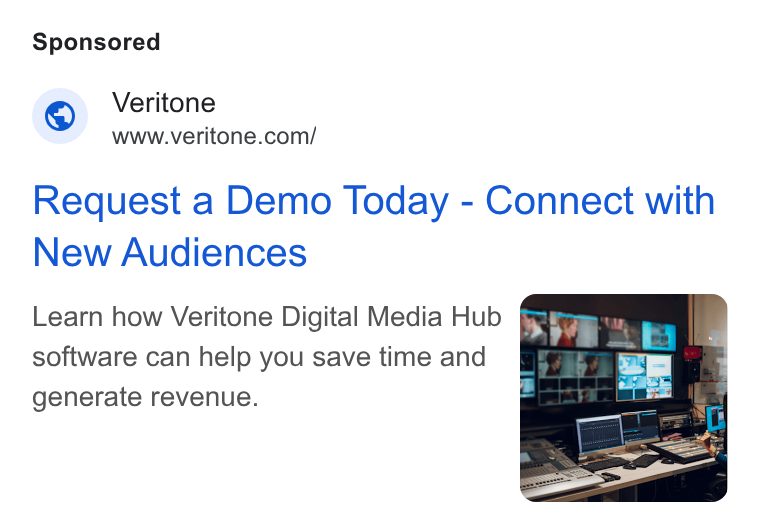 Veritone ad on Google Ads: Request a Demo Today - Connect with New Audiences Learn how Veritone Digital Media Hub FX software can help you save time and generate revenue.