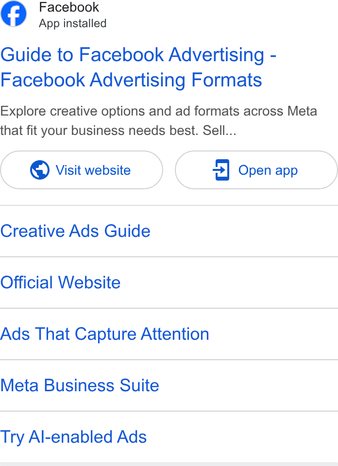 Facebook ad on Google Ads: Facebook App installed Guide to Facebook Advertising - Facebook Advertising Formats Explore creative options and ad formats across Meta that fit your business needs best. Sell... Creative Ads Guide Official Website Ads That Capture Attention Meta Business Suite Try Al-enabled Ads